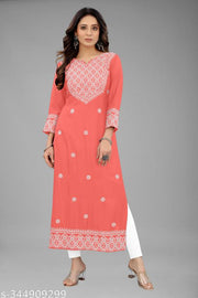 Women Embroidered Cotton Rayon Straight Kurta  (Purple)
