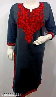 New Look Fashion Woolen Kurtis | Kashmiri Embroidery Designee Kurti Knee Length