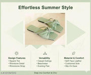 Mint Green Women’s Square Toe Sandals | Elegant Bow Design with Sparkling Rhinestone Straps | Slip-On Low Heel Footwear with Soft Durable Sole | Comfortable Shoes for Office, Casual Wear, Travel, Shopping & Semi-Formal Occasions