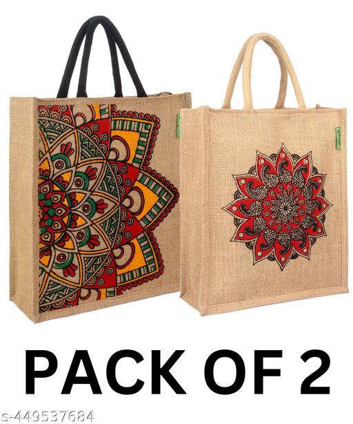 GOLZIA Premium Jute Bag Set – Pack of 2 Durable and Stylish Eco-Friendly Bags for Women Handbags, Shopping, and Lunch Boxes | Reusable Bags for Gifting, Water Bottles, Grocery, Return Gifts, and Office Use | Lightweight and Sustainable