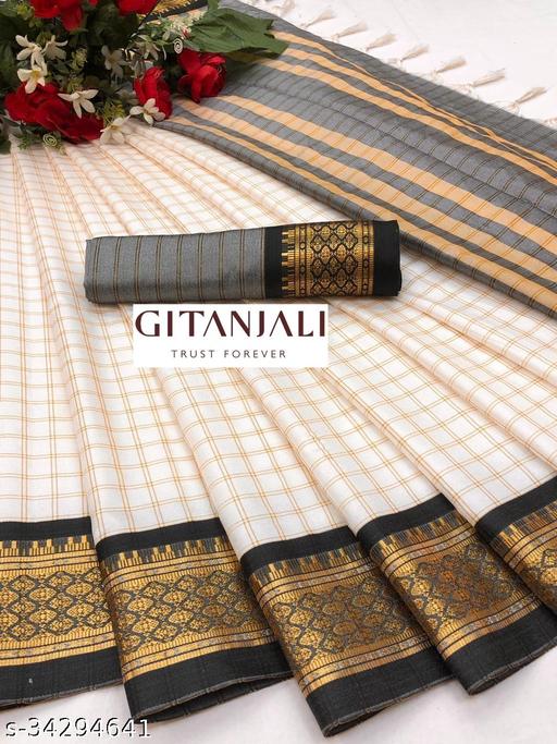 NEW GITANJALI  COTTON SILK CHEX SAREE WITH  JARI WOVEN DESING FOR WOMEN
