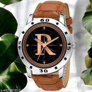 Natrix Analog Round Black Dial ALPHABET R Design Stylish Beige Leather Strap Classic Design Fancy Wrist Watch for Men and Boys, Pack of 1 - ALPHA-R-AVO-SIL-TAN-CRL