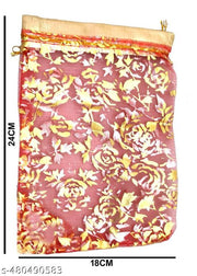 3A Featuretail 25 Pc Net Fabric Drawstring Pouches for Dry Fruits/Small Gifts, Jewellery Packing | Organza Shagun Potli, Wedding or Return Gifts Potli Bags (Red and Golden Printed, 23Cm X 17Cm)
