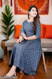 Women  Print Viscose Rayon Anarkali Kurti in party wear (Grey Patta )