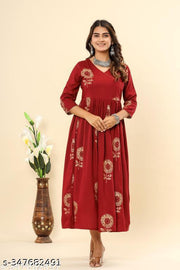 Women Floral Print Viscose Rayon Angrakha Kurta (RED)