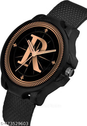Prathshya Analog Round Black Dial ALPHABET R Design Stylish Black PUn Strap Classic Design Fancy Wrist Watch for Men and Boys, Pack of 1 - ALPHA-R-3K-BLK-SFR