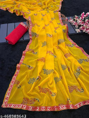Yellow colored Matka Georgette Saree with Lace border and Blouse , bandhej sarees , BANDHANI SAREES , TRENDING SAREES , BANDHEJ SAREES , PURE GEORGETTE SAREES , SOFT GEORGETTE SAREES , BANDHNI SAREES , bandhani sarees