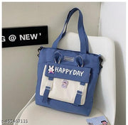 Korean Style Cute New Happy Day Tote Bag Large Capacity Bag Multi-functional Bag One Shoulder Crossbody Tution Bag, Study Bag (PACK OF 1)(BLUE)