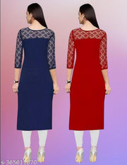 Pack of 1 Casual American Crepe And Net Round-Neck 3/4 Length Sleeves Navy Blue & Red Kurti (42"Inches)