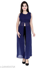 Shimao Women's Solid Georgette Front High-Slit Sleeveless Long Kurti