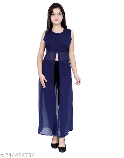 Shimao Women's Solid Georgette Front High-Slit Sleeveless Long Kurti