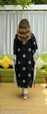 Kaftan for women  Black kaftan  Ikat print kaftan  Designer kaftan  Rayon kaftan  Kaftan with lace border  Stylish kaftan for girls  Daily wear kaftan  Festive kaftan dress  Boho ethnic kaftan