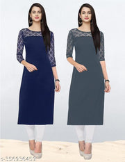 Pack of 1 Casual American Crepe And Net Round-Neck 3/4 Length Sleeves Navy Blue & Grey Kurti (42"Inches)