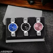 TRENDING MULTI-COLOR (BLUE BLACK PINK ) DIAL ANALOG SILVER STAINLESS STEEL STRAP 3 COMBO WATCH ,