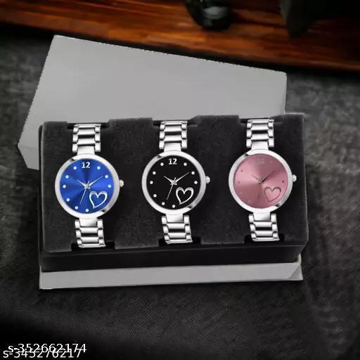 TRENDING MULTI-COLOR (BLUE BLACK PINK ) DIAL ANALOG SILVER STAINLESS STEEL STRAP 3 COMBO WATCH ,
