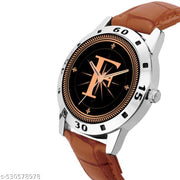 Femeo  Analog 9109 Watches Round Black Dial F Design Stylish Beige Leather Strap Classic Design Fancy Wrist Watch for Men and Boys, Pack of 1 - A07ZALPHA-F-AVO-SIL-TAN-CRL