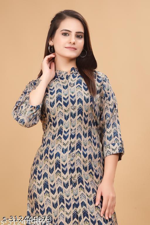 Womens Muslin 3/4 Sleeve Round Neck Calf Length Printed Kurti