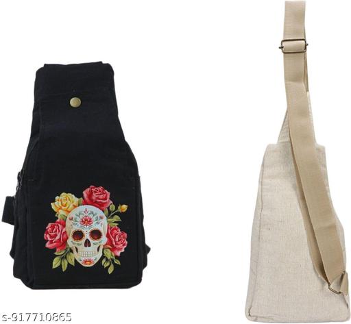 Black Floral Skull Printed Hemp Sling Bag | Gothic Boho Crossbody Backpack for Women & Men | Adjustable Strap Travel Bag | Eco-Friendly Handmade Shoulder Bag
