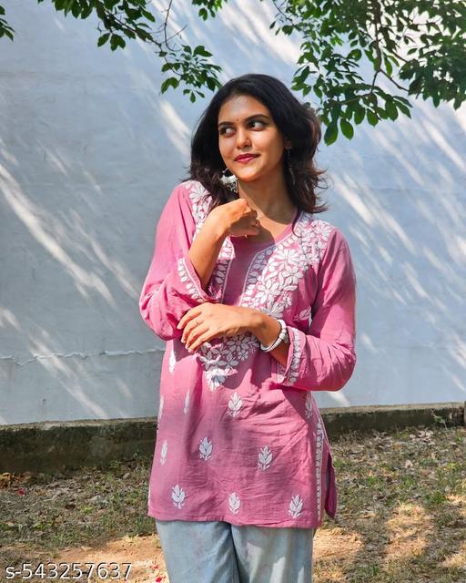 JANNAT ANBEEEY RASHA PREMIUM CHIKANKARI NEW CUTE PINK STRAIGHT SHORT KURTI