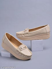 Shoetopia upper Bow Detailed Cream Loafers For Women & Gilrs