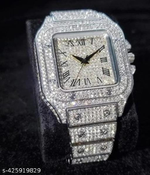 Elegant Fashion Style Men Luxury Silver Diamond Square dial Watch