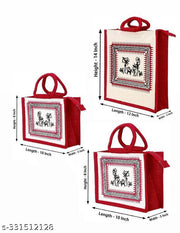 Printed Eco-Friendly Tribal Canvas Print Jute Bag/Shopping Bag/Grocery Bag with Zip Closure (red), Pack of 3