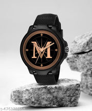 Welix Analog Round Black Dial ALPHABET M Design Stylish Black Rubber Strap Classic Design Fancy Wrist Watch for Men and Boys, Pack of 1 - ALPHA-M-3K-BLK-SFR