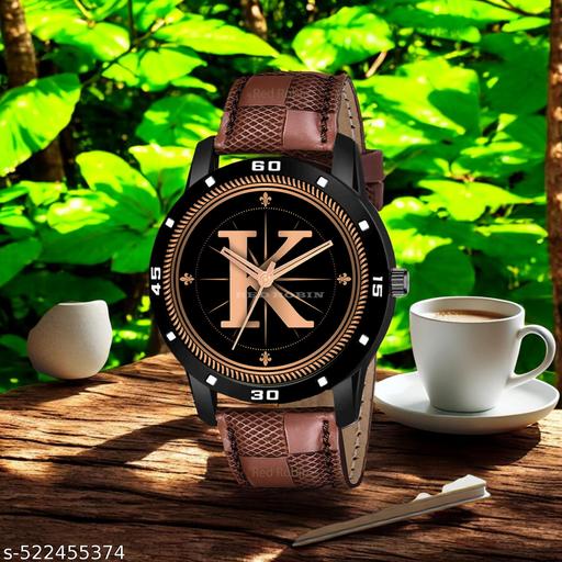 MAVIA WATCHESAnalog Round black Dial ALPHABET K Design Stylish brown Strap Classic Design Fancy Watch for Men and Boys, Pack of 1 ALPHABET K-AVO-BLK-BRW-CHL-1