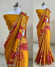 Mustard Yellow & Red Silk Bandhani Saree with Mirror Work Border and Matching Blouse Piece