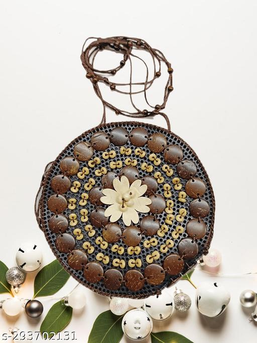 Coconut Shell Beaded Sling Crossbody Long Strap Purse | Handmade Natural Style| Hanging Purse Pack Of 1 Size: 7 X 2 X 7 Inches