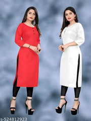 Plain Ethnic Pack of 2 American Regular Fit Kurta Round Neck New Stylish Casual Crepe Fabric Kurti For Women