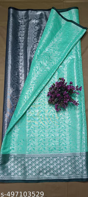 BANARASI SILK SAREE ,SILVER SAREE (BANARSI SILK SAREEE CONTRAST PALLU & BLOUSE COLOUR Ocean Green