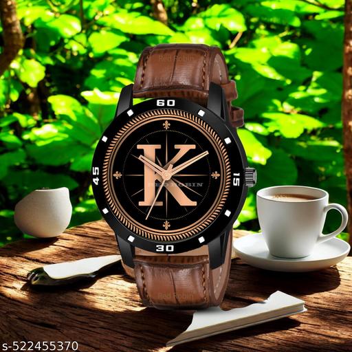 MAVIA WATCHESAnalog Round black Dial ALPHABET K Design Stylish brown Strap Classic Design Fancy Watch for Men and Boys, Pack of 1 ALPHABET K-AVO-BLK-DBRW-1