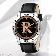 Talgo Analog Round Black Dial ALPHABET R Design Stylish Black Leather Strap Classic Design Fancy Wrist Watch for Men and Boys, Pack of 1 - ALP-R-AVO-SIL-BLK-L