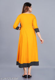 Stylist Women's Solid Printed Round Pleated Flared Kurti (Mustard)
