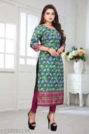 Women’s Floral Printed Straight Kurti | 3/4 Sleeve Ethnic Kurta | Round Neck Stylish Kurti | Casual, Office Wear, Daily Wear & Festive Outfit
