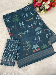 Cotton Linen Teal Kasavu Flower Digital Print Saree Designer And Fancy Bollywood Partywear Wedding Traditional Latest Trends Sari