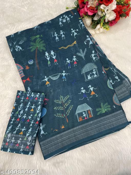 Cotton Linen Teal Kasavu Flower Digital Print Saree Designer And Fancy Bollywood Partywear Wedding Traditional Latest Trends Sari