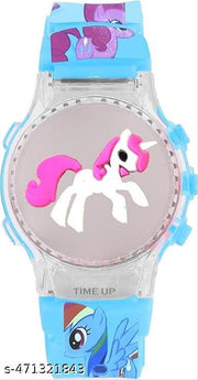 Digital Dial Glowing Light Cartoon Rotating Cap Cartoon Printed Strap Colorful Kids Watch for Girls & Boys