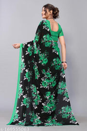 Women's Green Floral Printed Georgette Saree with unstitched blouse piece