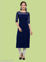 Casual American Crepe And Net Round-Neck 3/4 Length Sleeve Navy Blue Kurti (45"Inches)
