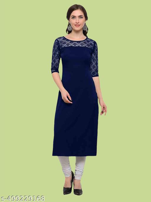 Casual American Crepe And Net Round-Neck 3/4 Length Sleeve Navy Blue Kurti (45"Inches)