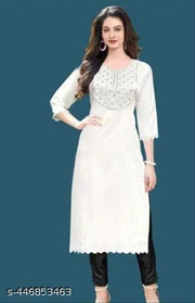 Women Cotton White Embroidered Round Neck Straight Office Casual Kurti (Pack of 1)