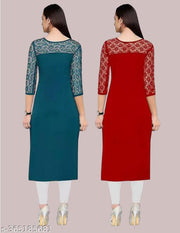 Pack of 1 Casual American Crepe And Net Round-Neck 3/4 Length Sleeves Rama & Red Kurti (42"Inches)