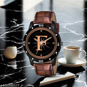 Femeo  Analog 9109 Watches Round Black Dial F Design Stylish Brown Leather Strap Classic Design Fancy Wrist Watch for Men and Boys, Pack of 1 - A07ZALPHA-F-AVO-BLK-BRW-CHL