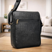 Pranjals House Men’s Black Crocodile Texture Sling Bag | Premium PU Leather Crossbody Messenger Bag for Men | Stylish Office Travel Shoulder Bag (13x10 Inch)
