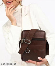 Men's Sling Bag Crossbody Shoulder Bag | PU Leather Side Bag with Adjustable Strap & Multiple Compartments for Travel, Office & Casual Use-Brown