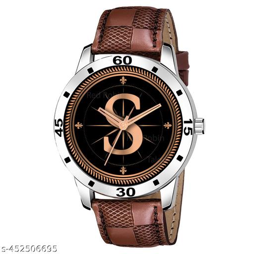 Gadgets WorldAnalog Round Black Dial ALPHABET S Design Stylish Brown Leather Strap Classic Design Fancy Wrist Watch for Men and Boys, Pack of 1 - ALPHA-S-AVO-SIL-BRW-CHL -1
