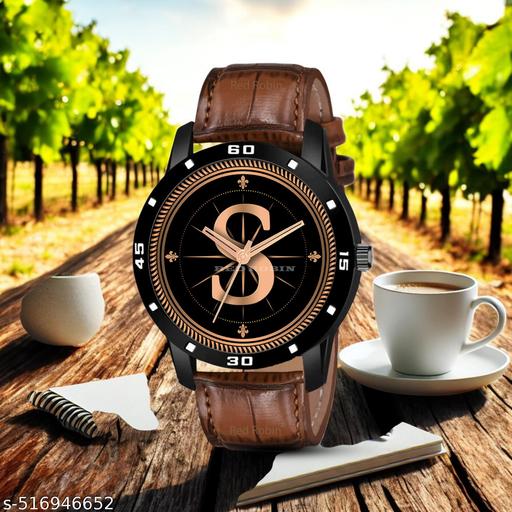 PS WATCHESAnalog Round black Dial ALPHABET S Design Stylish brown Strap Classic Design Fancy Watch for Men and Boys, Pack of 1 ALPHABET S-AVO-BLK-DBRW-1