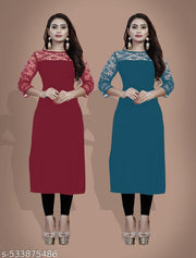Casual American Crepe And Rasal Net Round Neck 3/4 Sleeves Stylish Pack Of 2 Kurtis For Womans (45"Inches)